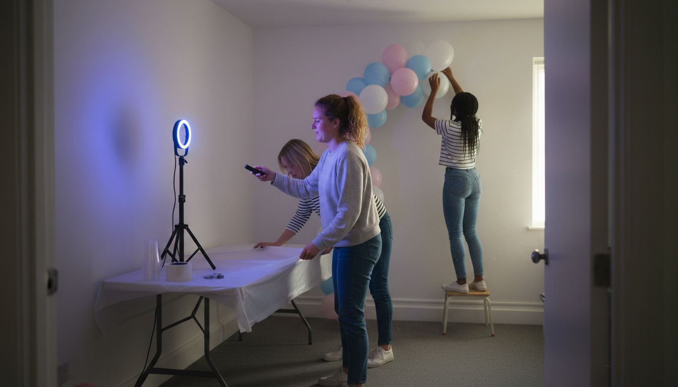 Friends adjusting party lighting decorations