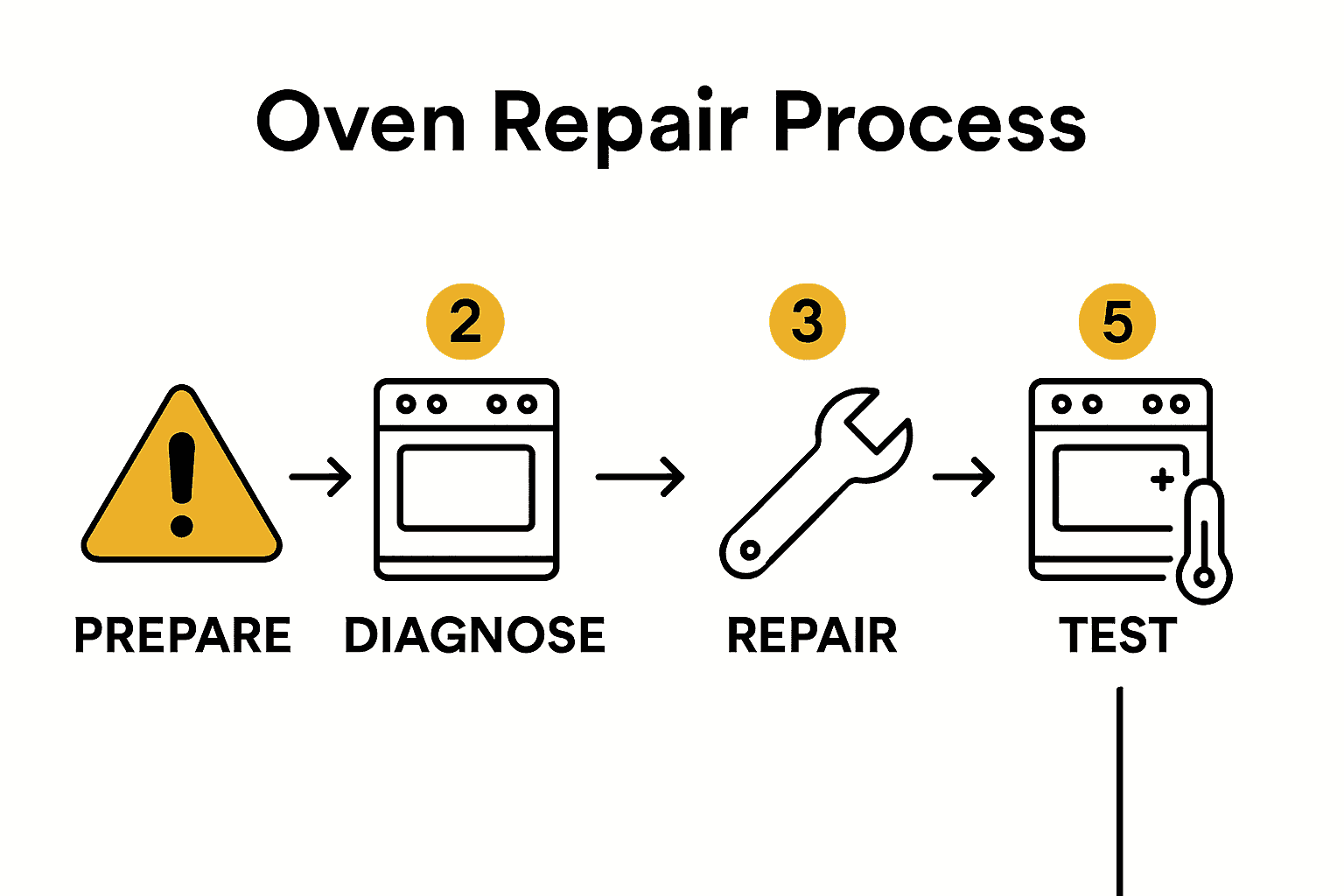 Infographic showing 5 steps of oven repair process with icons
