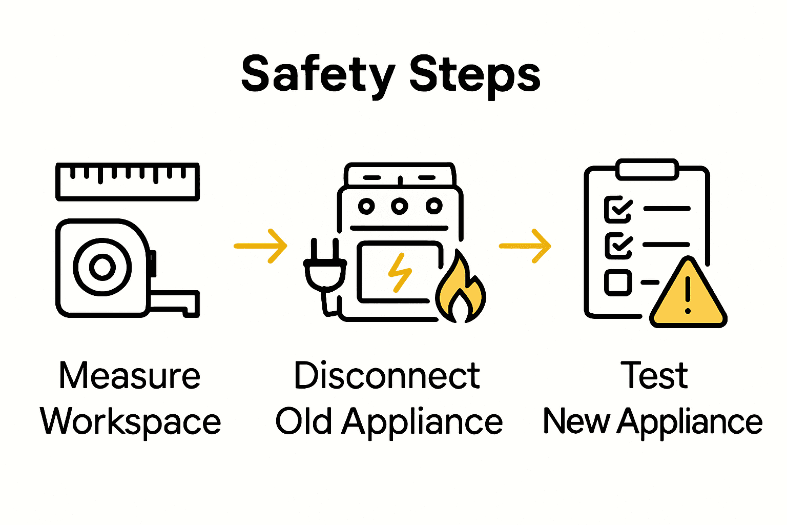 Infographic showing safe appliance installation steps with icons for measuring, disconnecting, and testing.