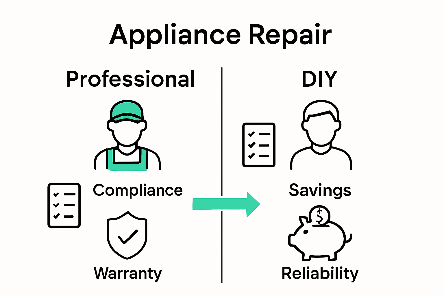 Infographic comparing professional vs. DIY appliance repair: technician, checklist, warranty icons.