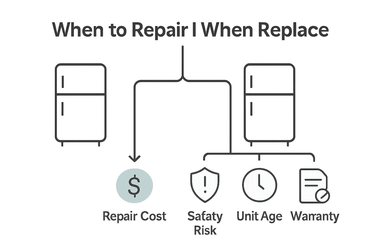 Infographic comparing refrigerator repair versus replacement decision factors