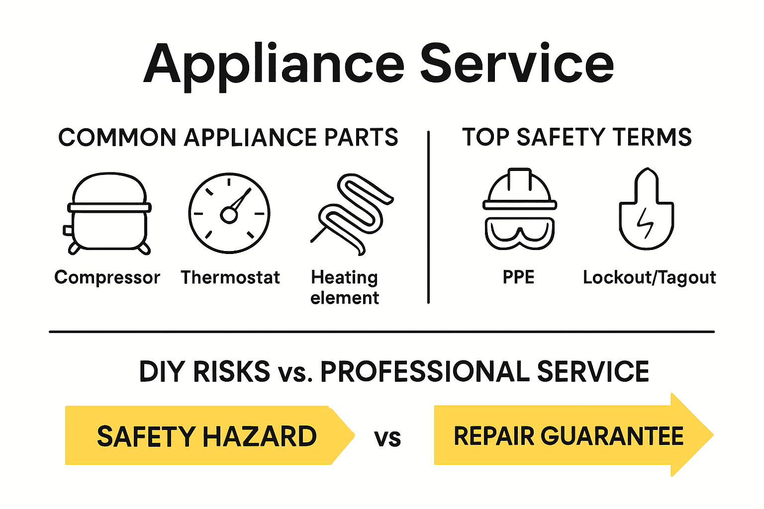 Infographic comparing appliance parts, safety terms, and DIY risks