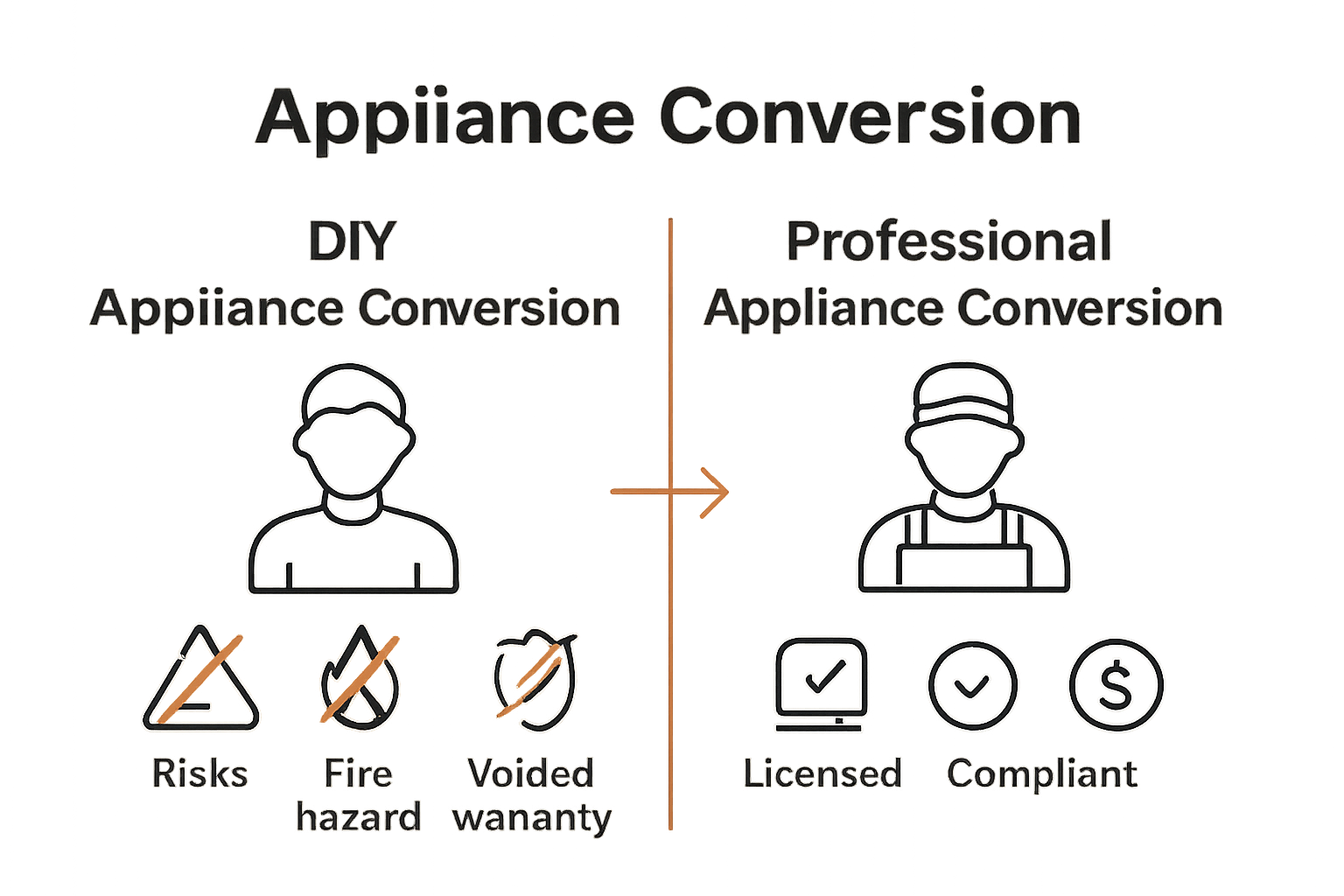 Infographic comparing DIY versus professional appliance conversion risks and benefits.