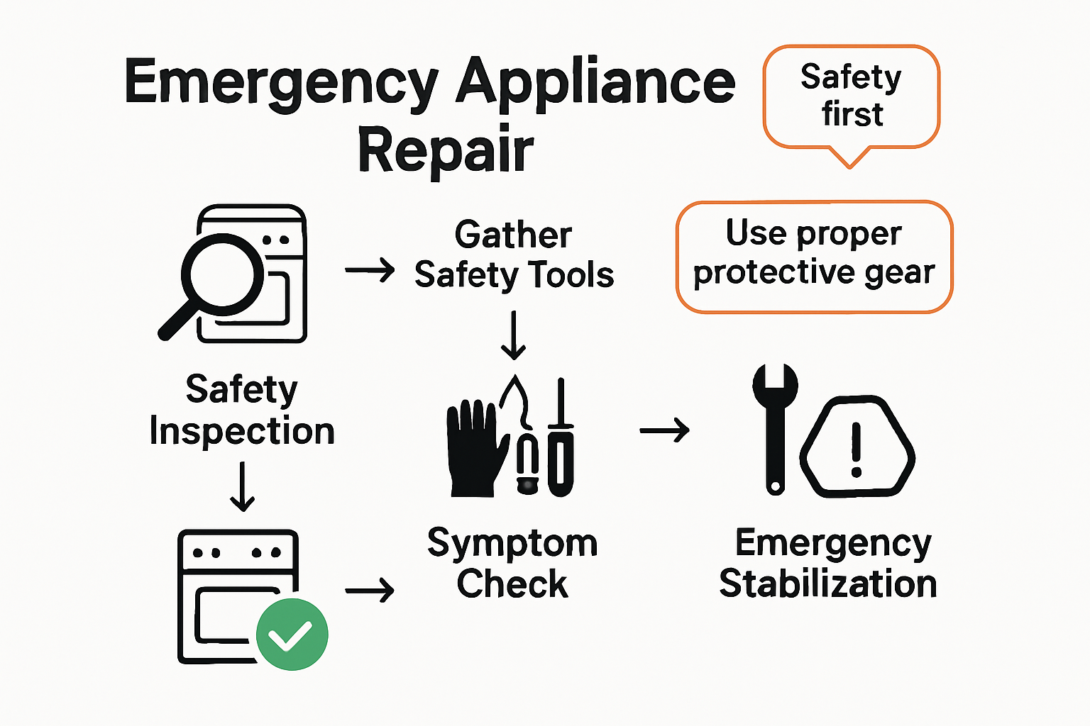 Step-by-step appliance emergency repair process infographic with icons and arrows.