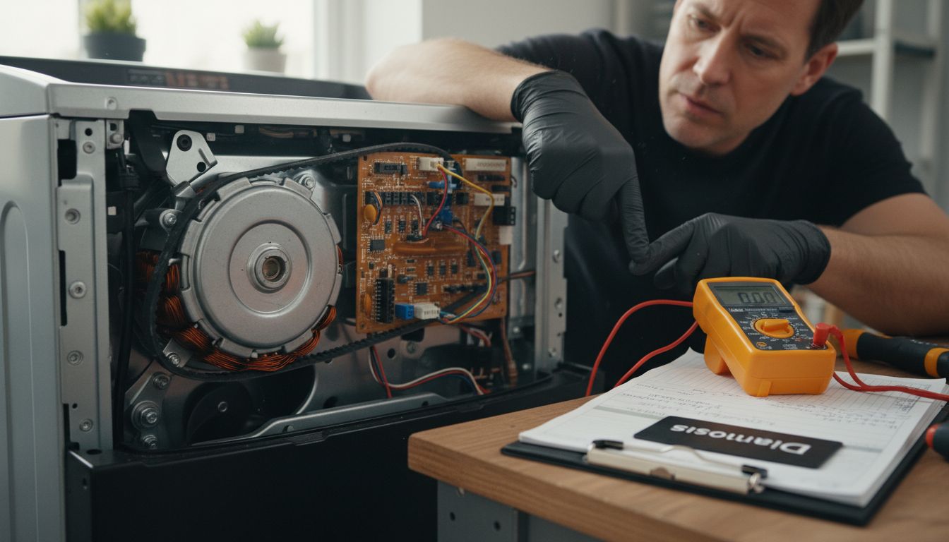 Technician diagnosing washer’s inner components