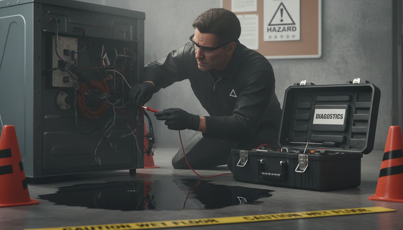 Technician inspecting malfunctioning washing machine