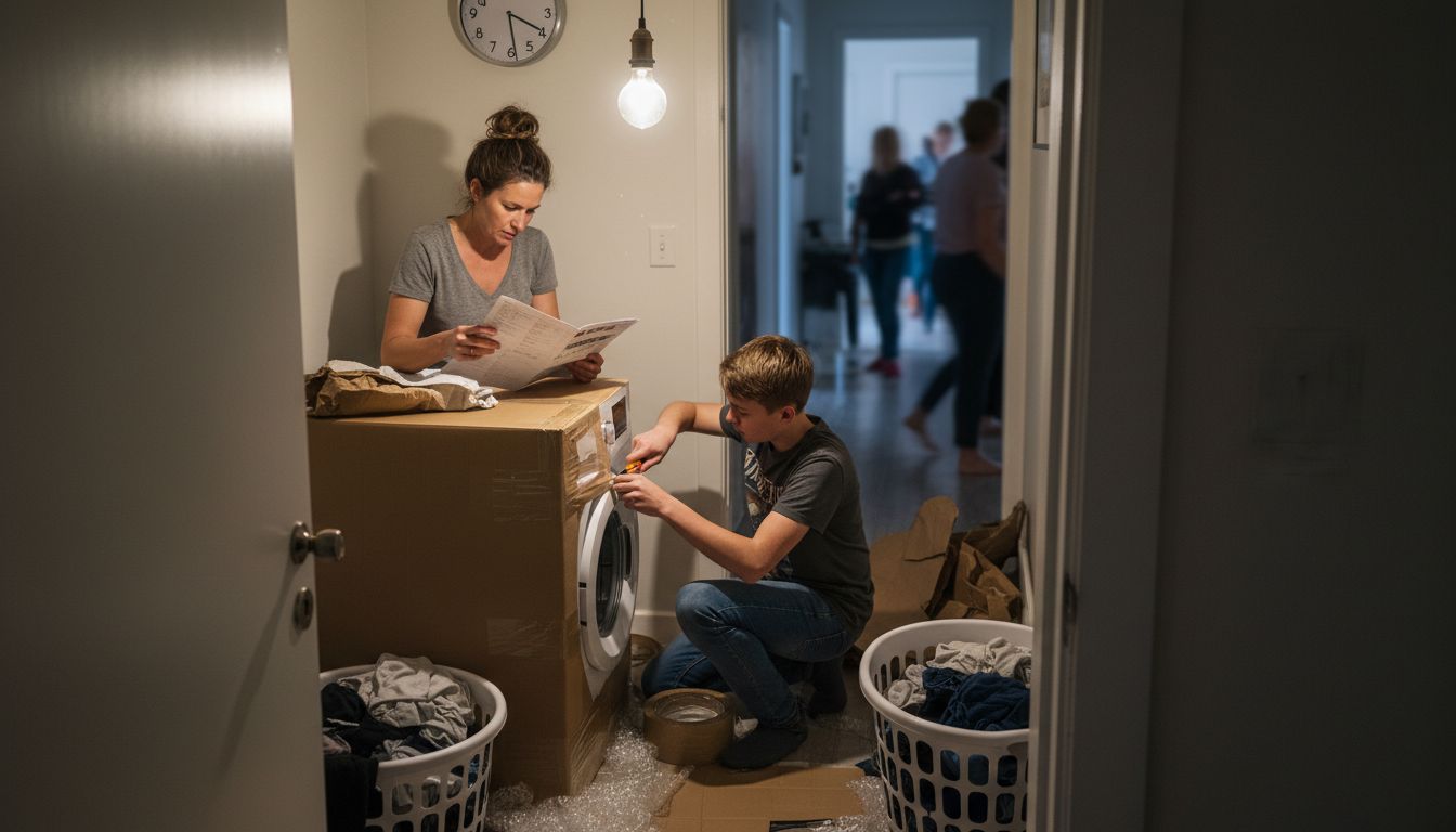 Family unboxing new washing machine at home