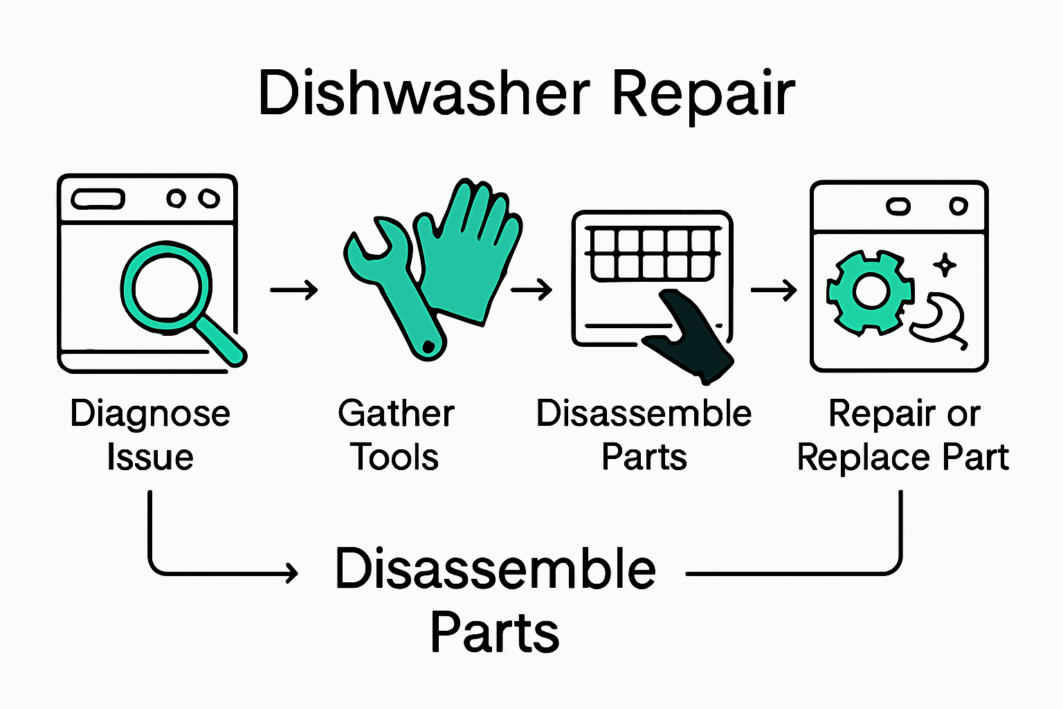 Infographic showing dishwasher repair steps
