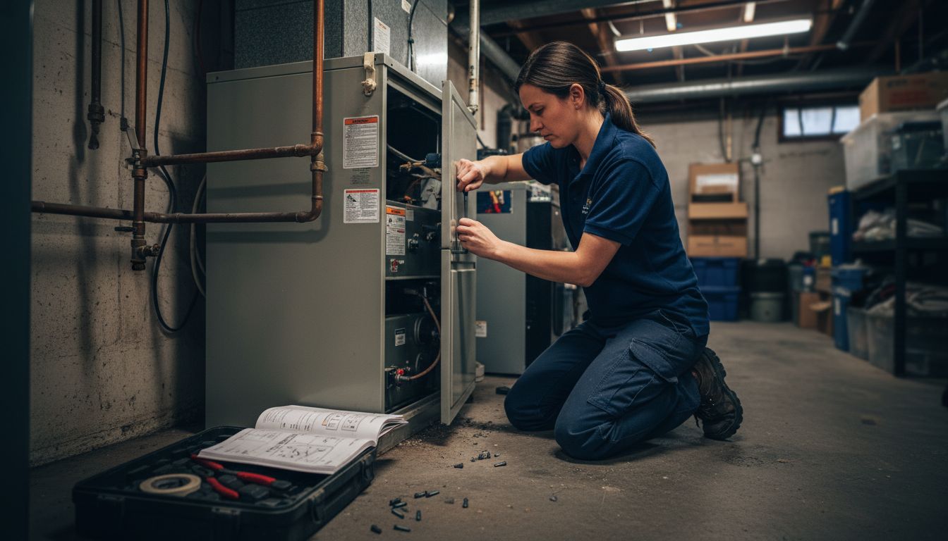 Technician inspects furnace during tune-up