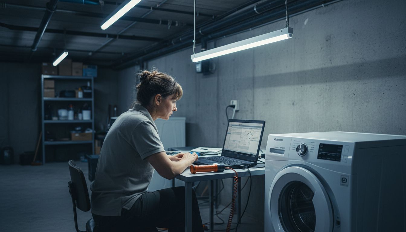 Technician using laptop diagnostics near washer