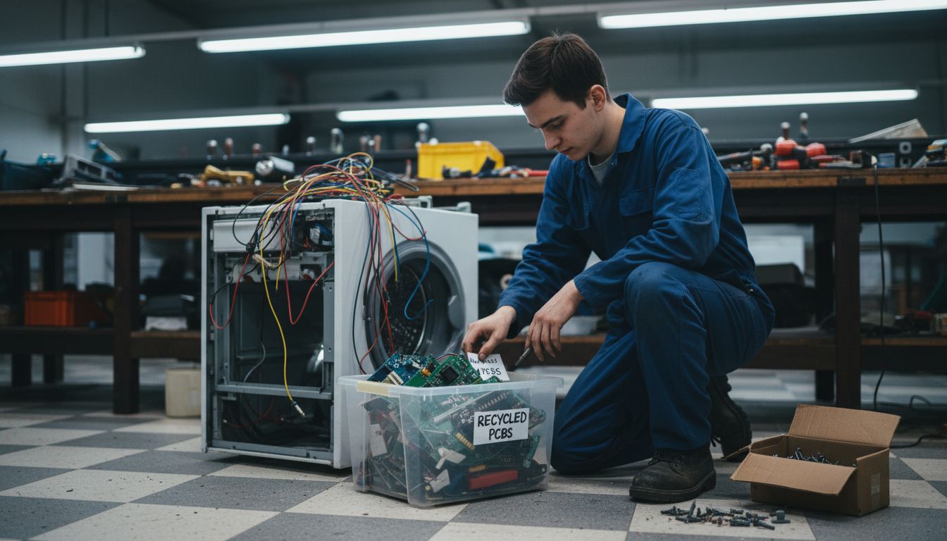 Technician sorting parts from old appliance