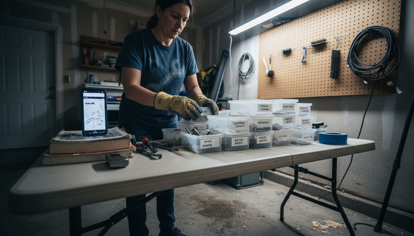 Home appliance parts organized on garage table