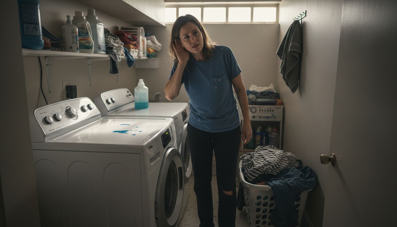 Woman observing washing machine symptoms