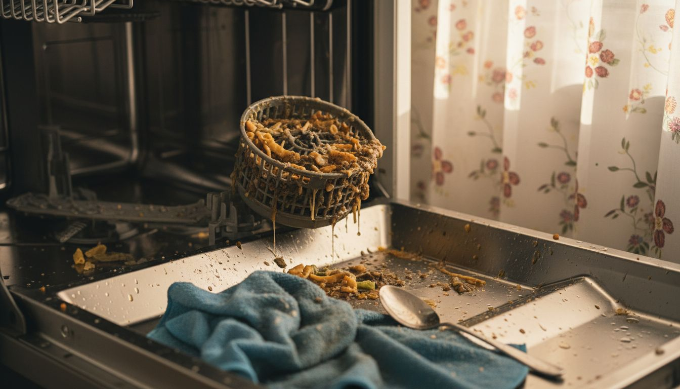 Clogged dishwasher filter close-up view