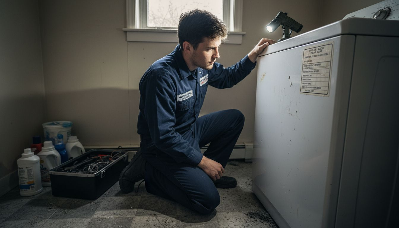Technician inspects washing machine control panel