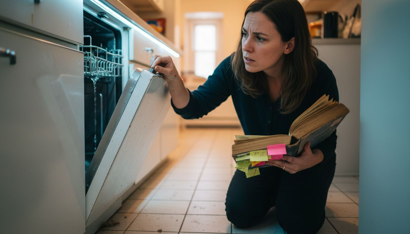 Woman inspecting dishwasher door mechanism