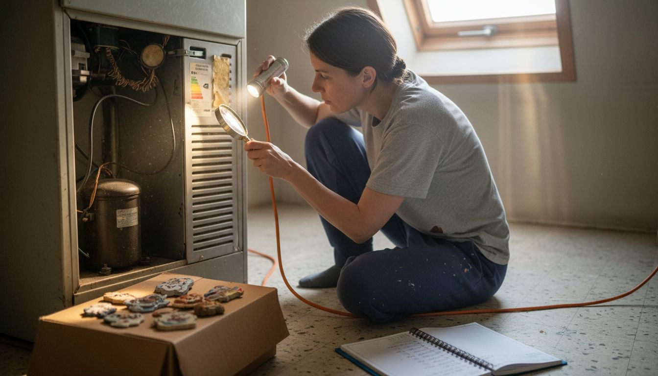 Woman inspecting refrigerator components closely
