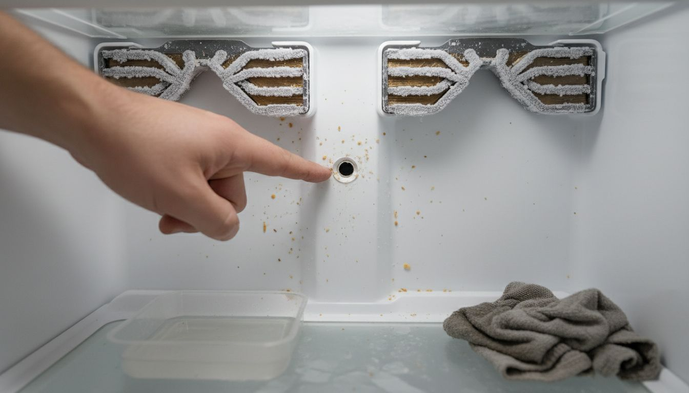 Pointing to refrigerator drainage hole inside