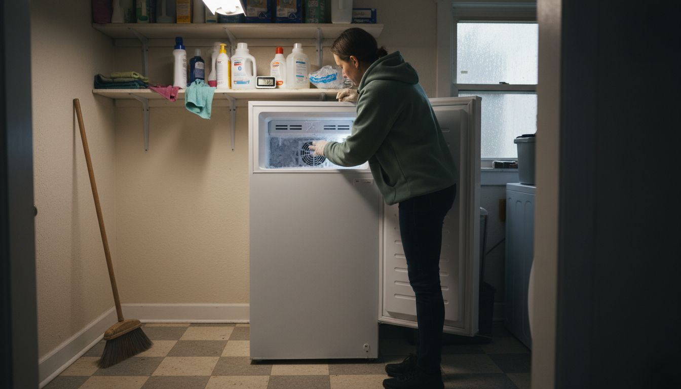 Homeowner inspecting freezer for frost buildup