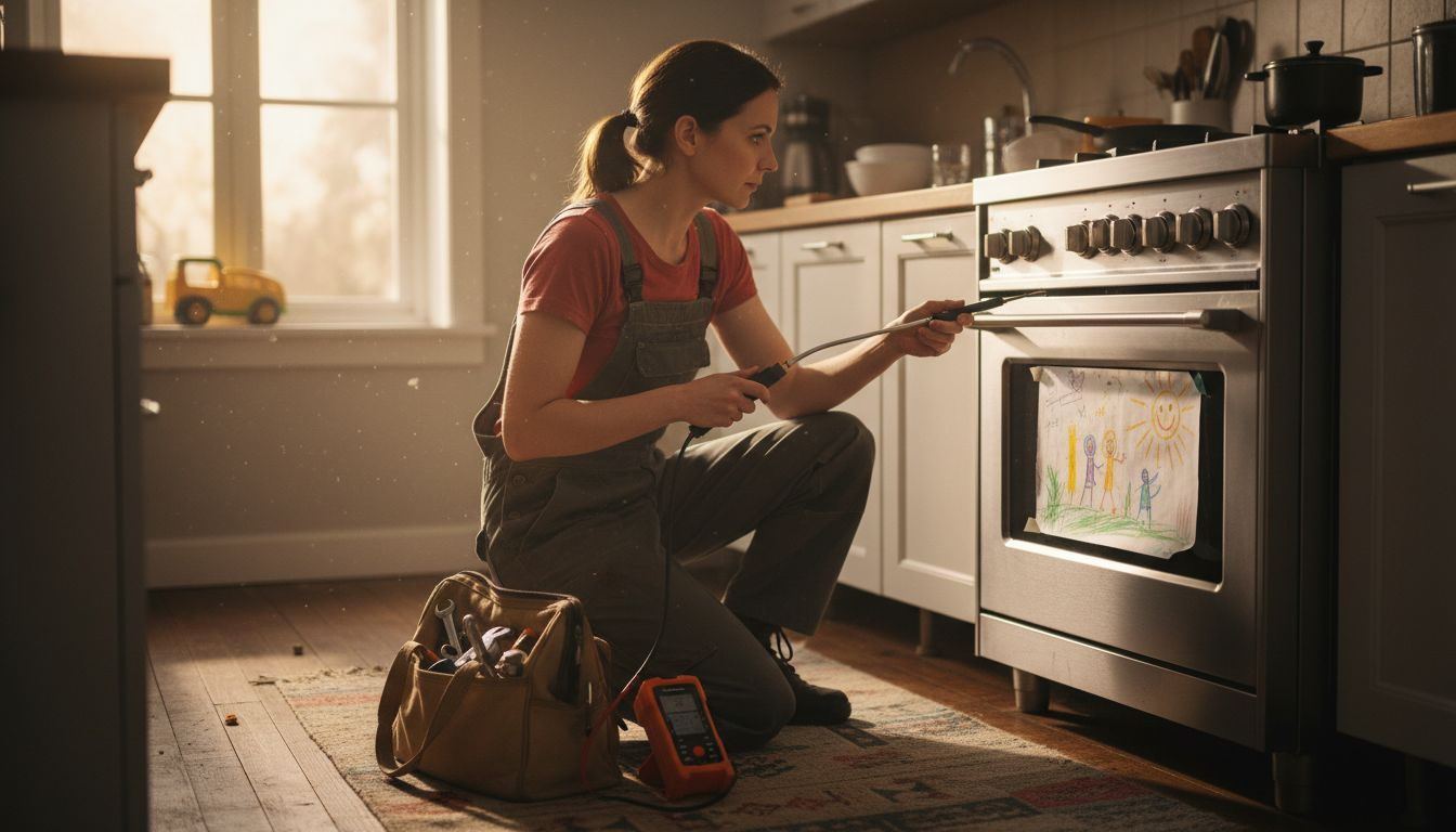 Technician inspects stove for appliance safety