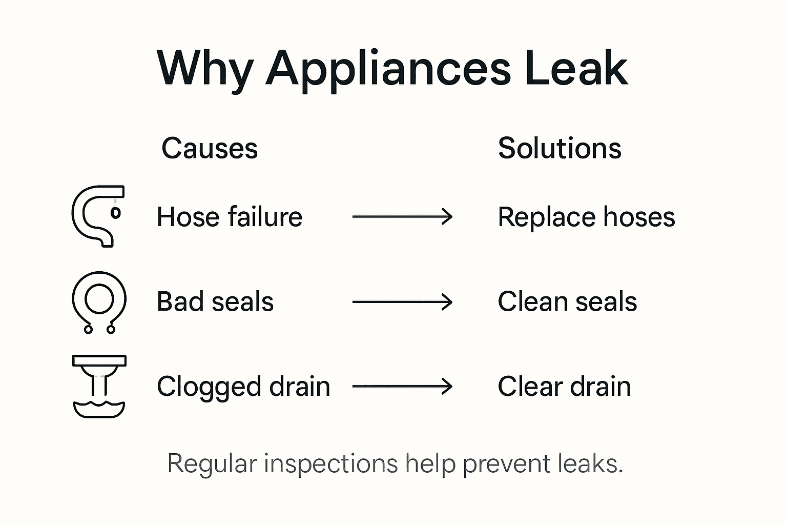 Infographic showing appliance leak causes and solutions