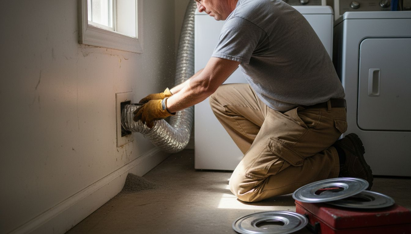 Man inspecting dryer vent for obstructions