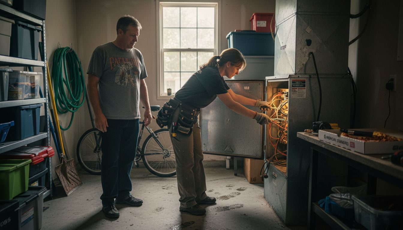 Specialist and homeowner review HVAC in garage