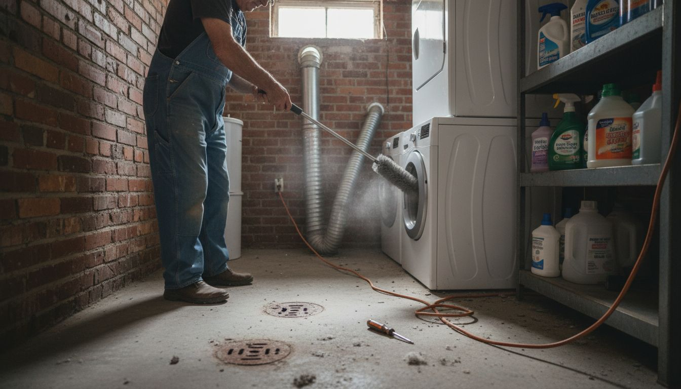 Technician removing lint from dryer vent pipe