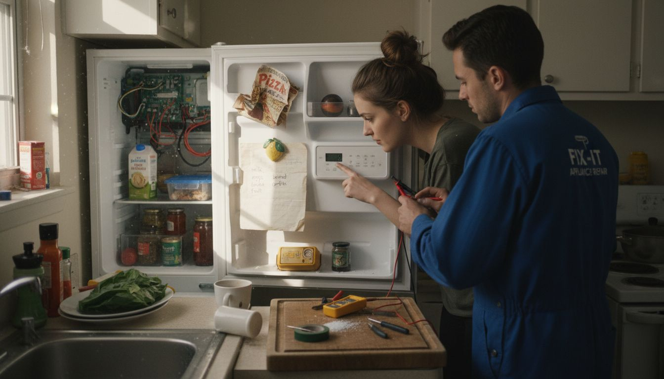 Technician testing fridge with voltmeter