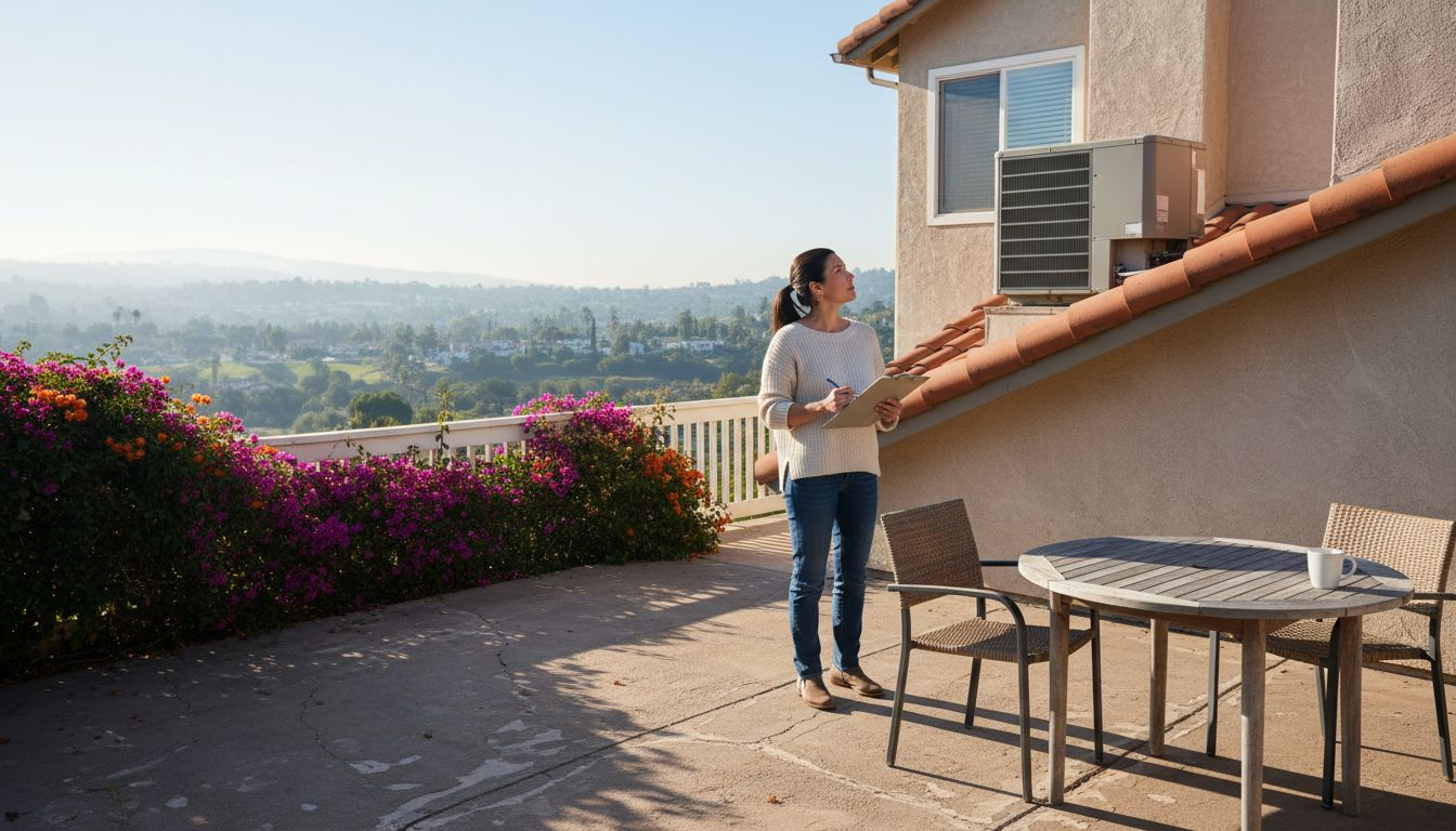Homeowner assessing rooftop AC in southern California yard