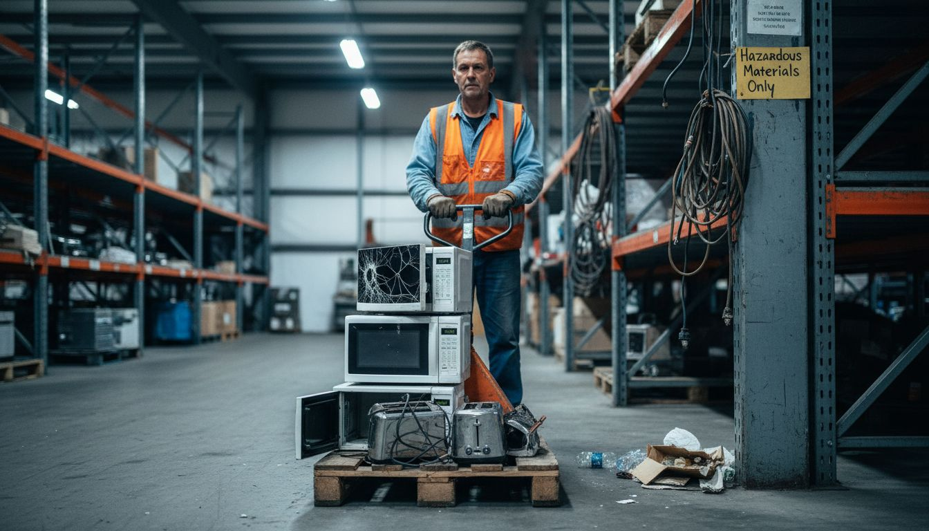 Worker moving electronic appliances at recycling facility