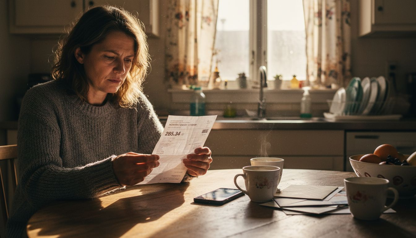 Homeowner reviews energy bill at kitchen table