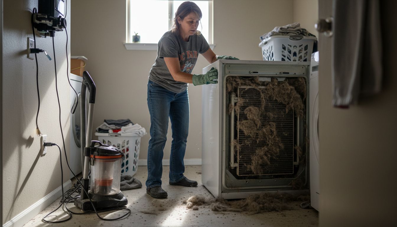 Dirty condenser coils behind household refrigerator
