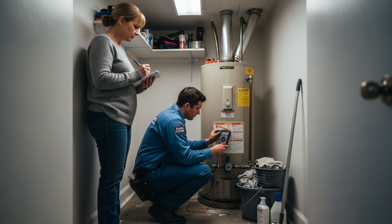 Plumber repairing tank water heater indoors