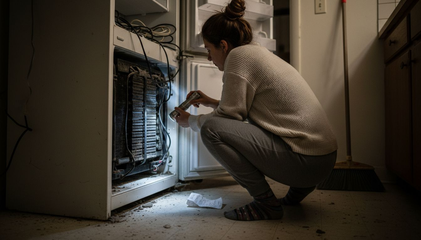 Inspecting refrigerator coils behind appliance