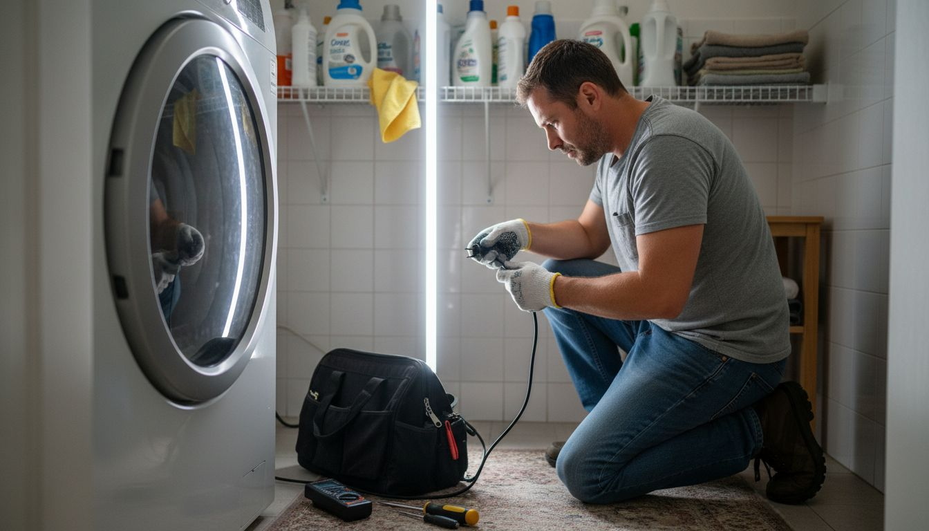 Electrician inspecting for appliance electrical hazard