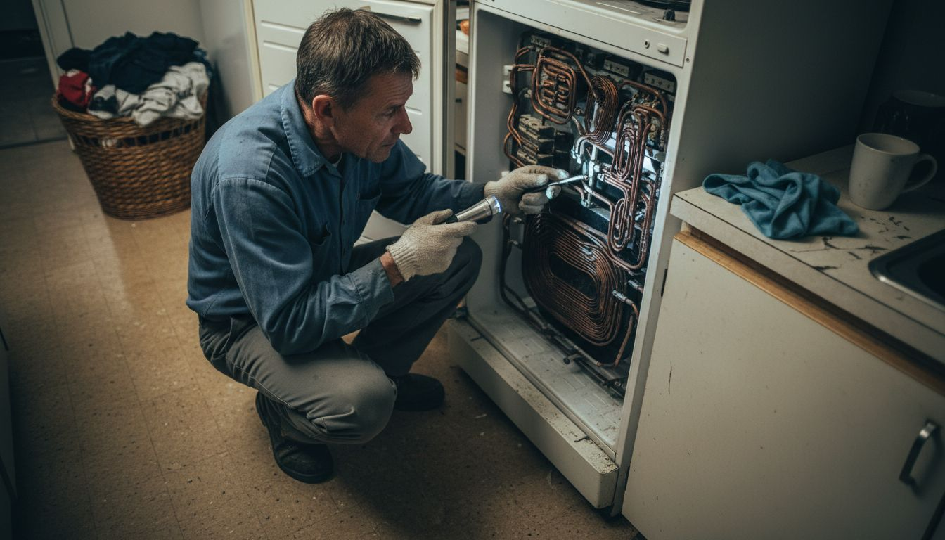 Technician inspecting refrigerator’s rear coils