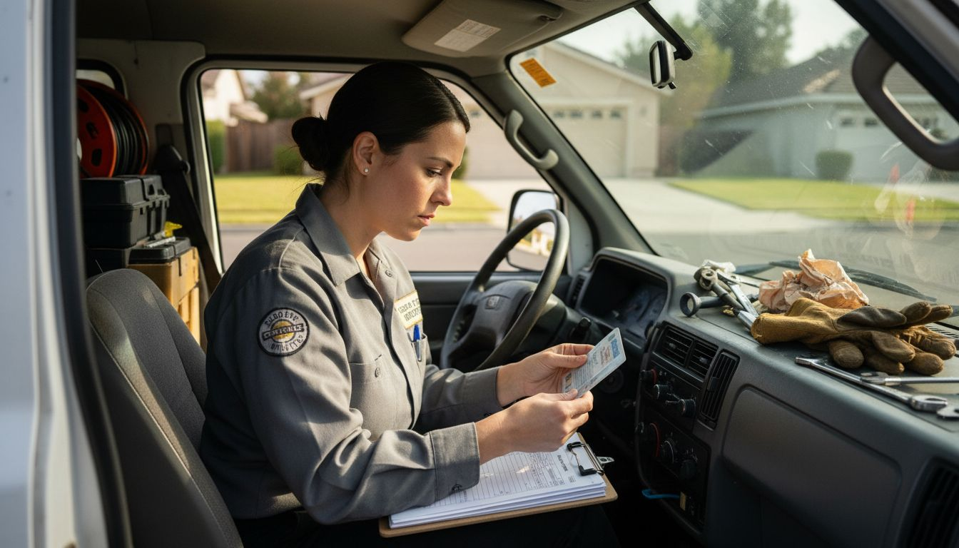 Technician verifying California license in service van