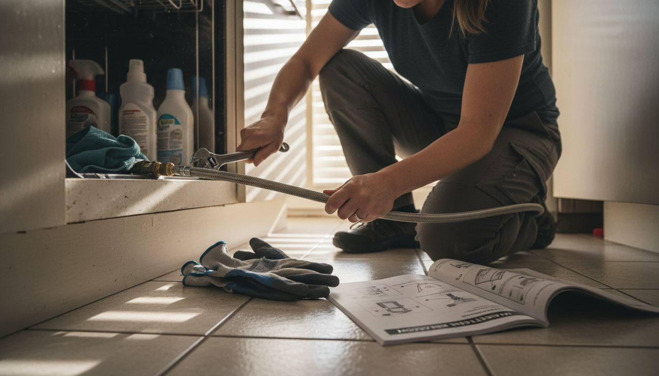 Technician connecting dishwasher water line