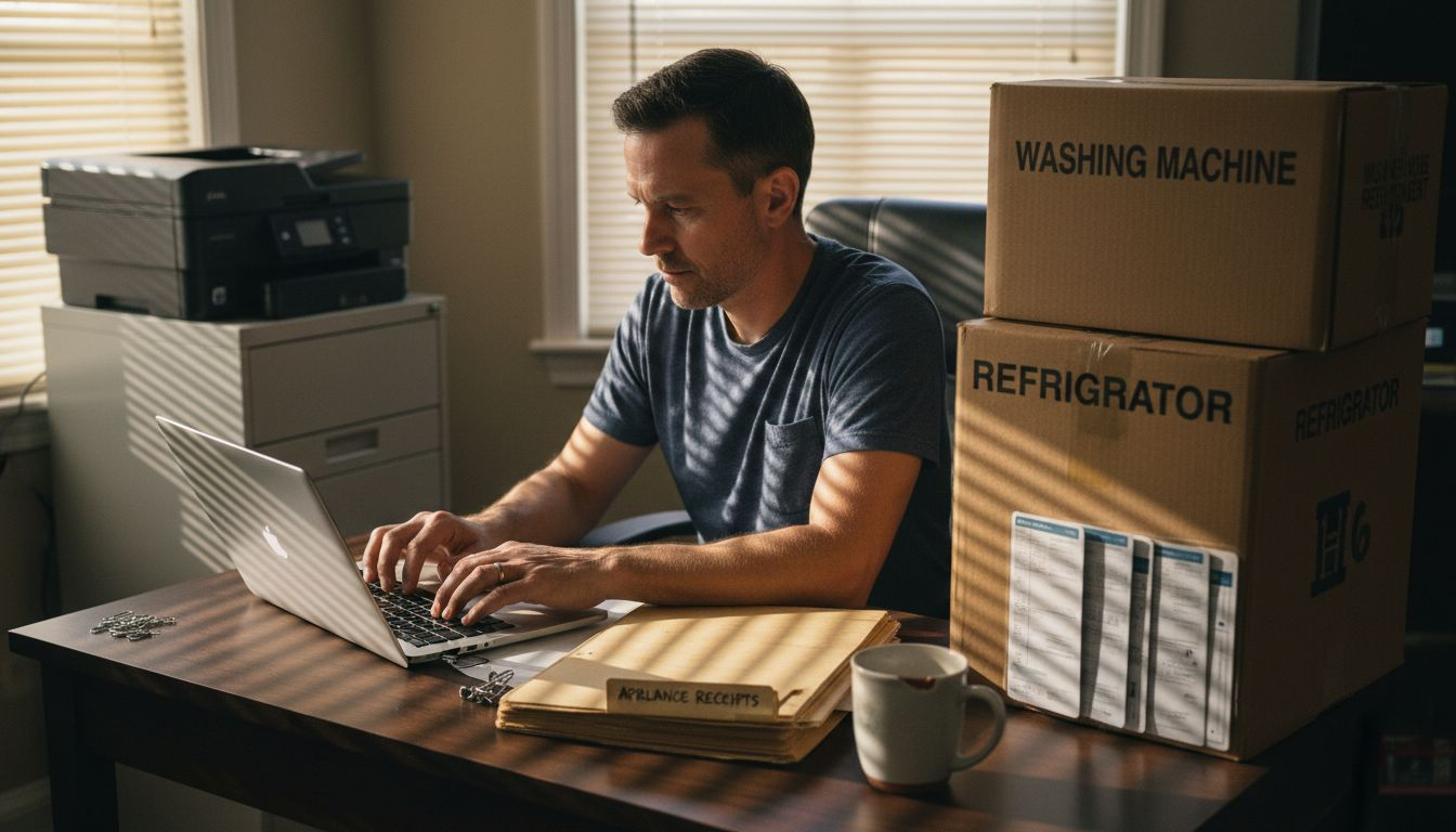Man organizing appliance warranty documents