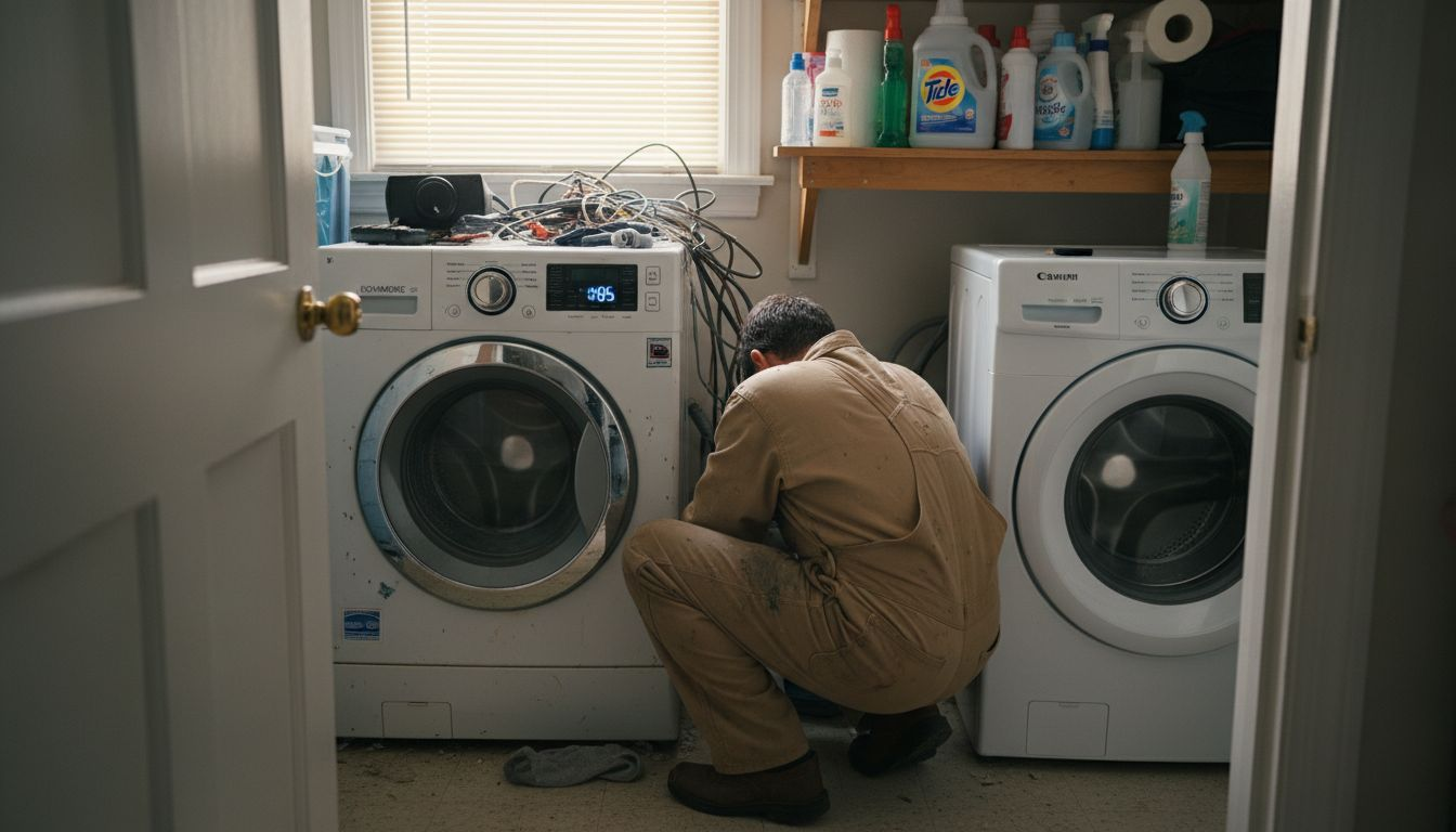 Technician comparing old and new washing machines