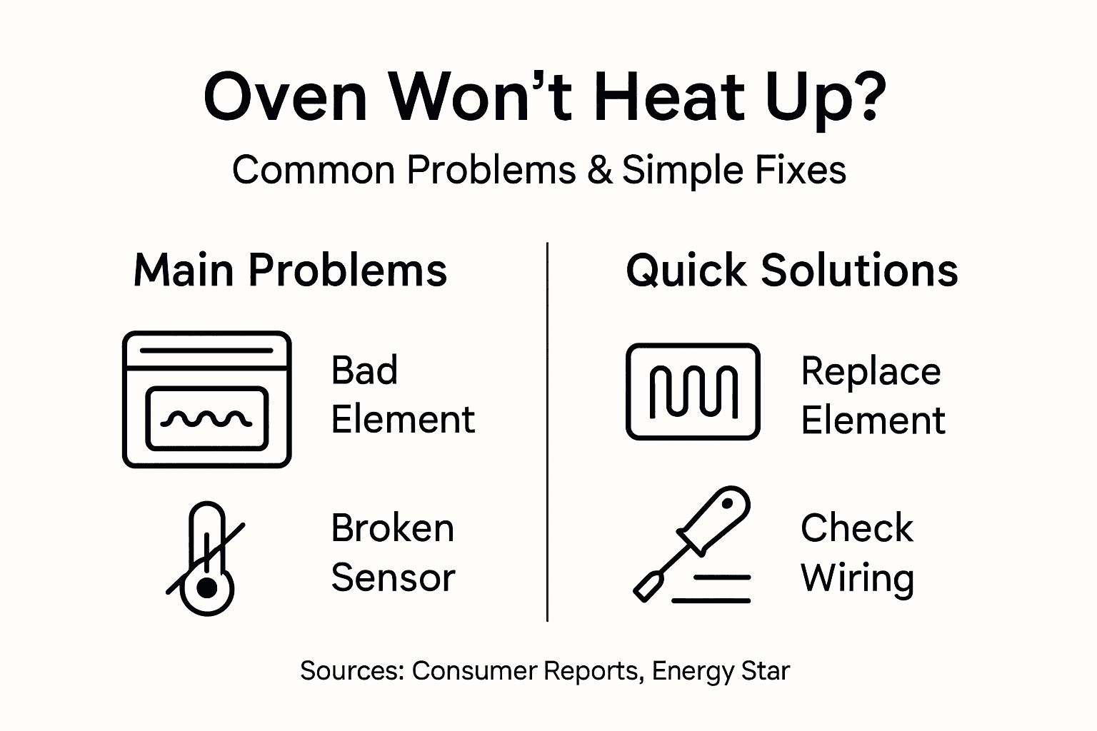 Infographic displaying main oven heating issues and fixes
