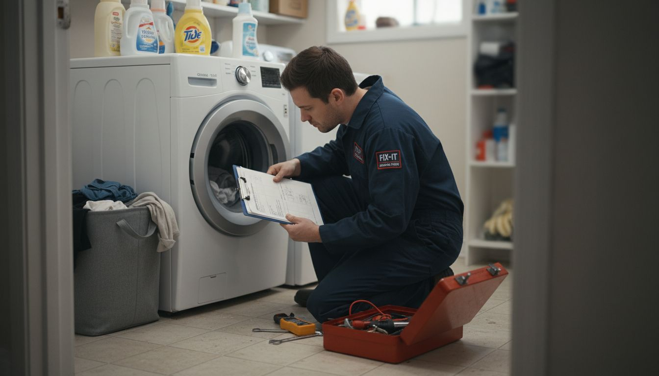 Technician checking washing machine warranty papers