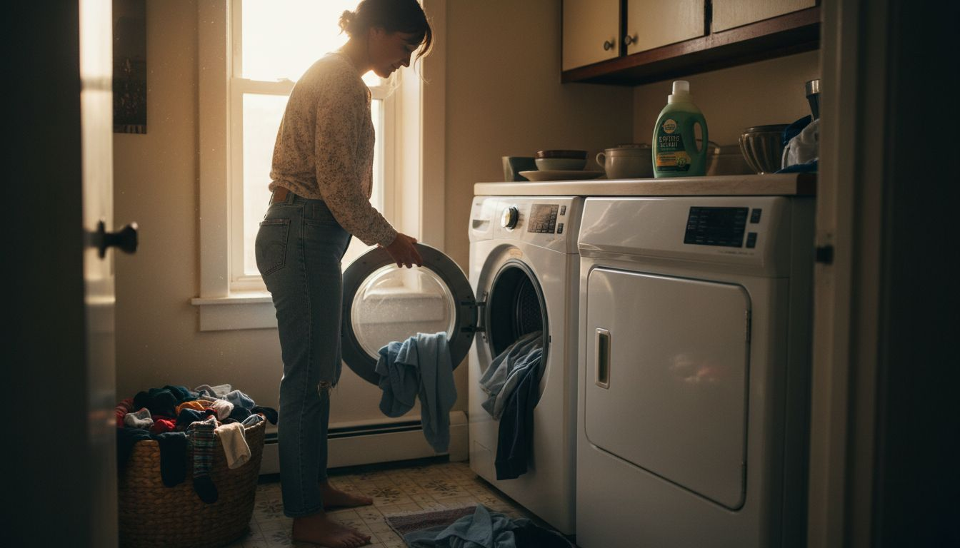 Woman loading clothes into energy efficient washer
