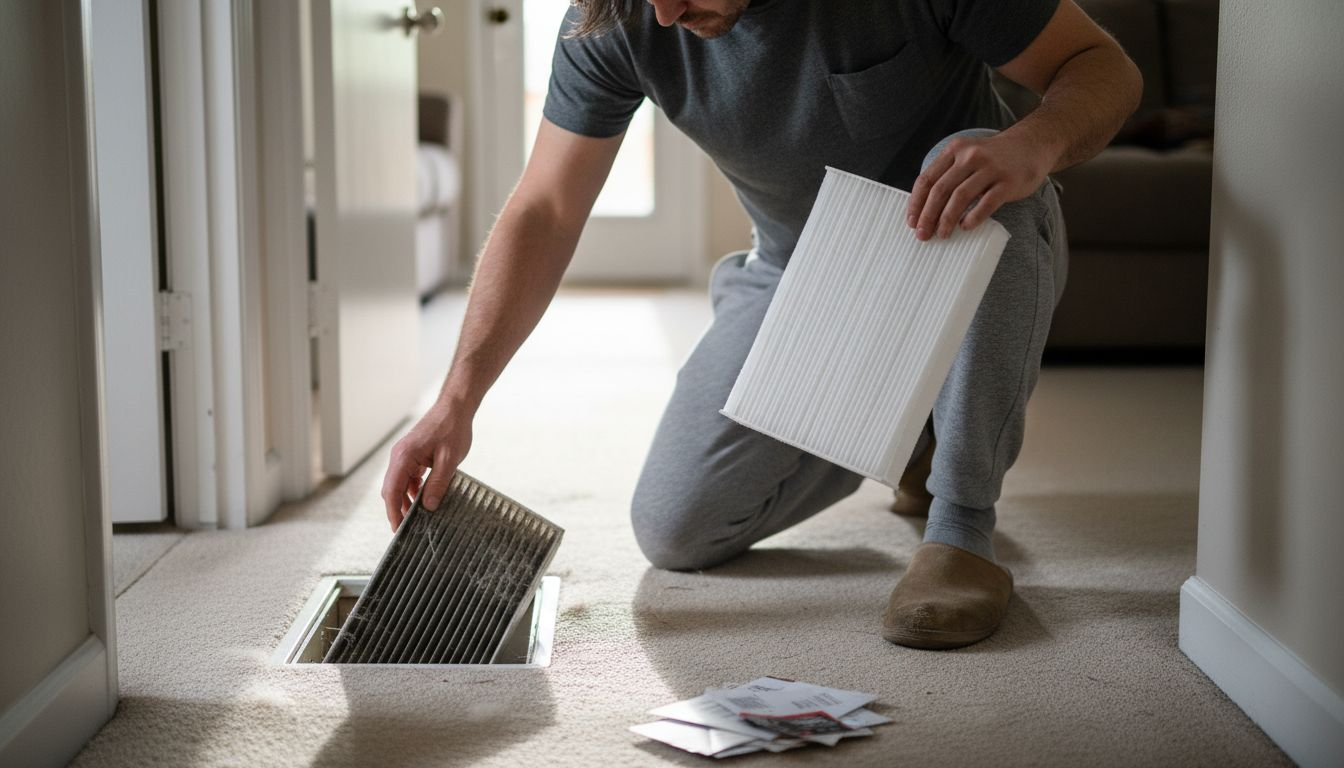 Homeowner replacing dusty HVAC air filter