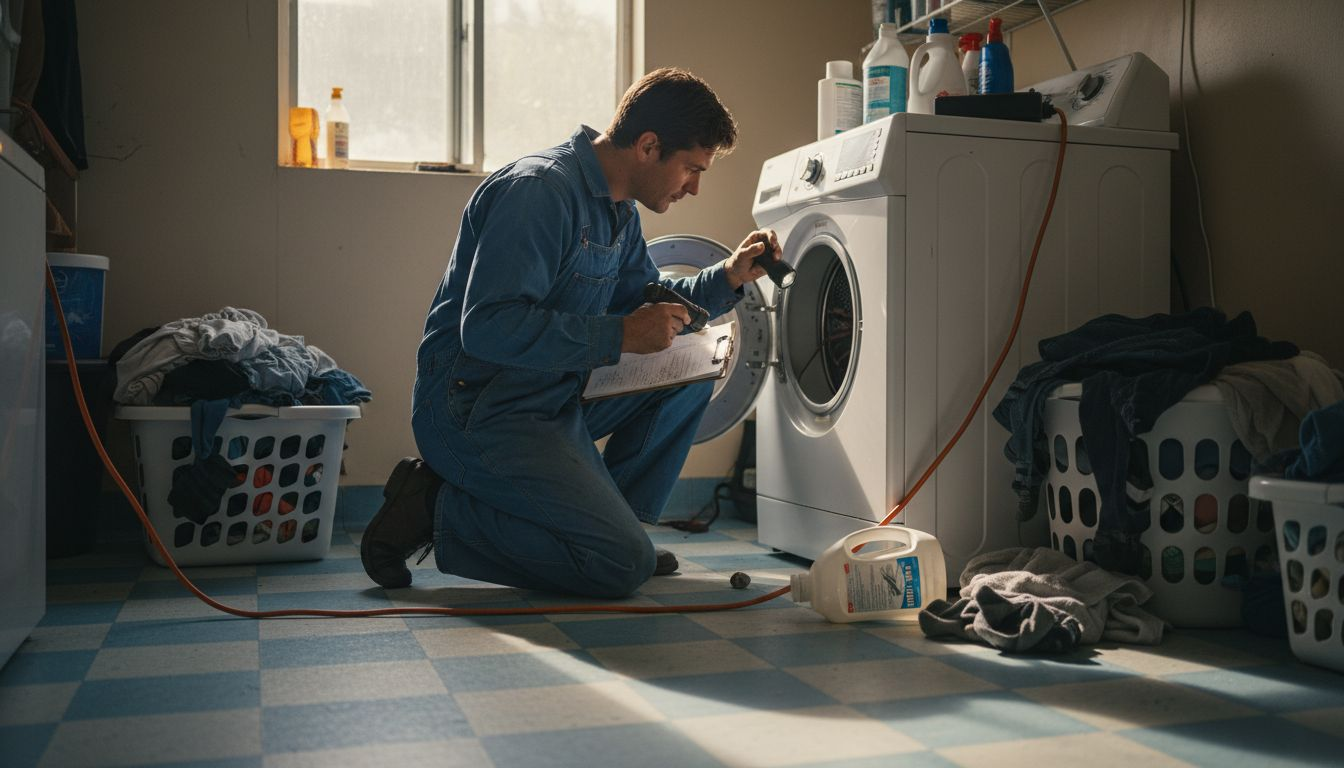 Technician inspecting washing machine for hazards