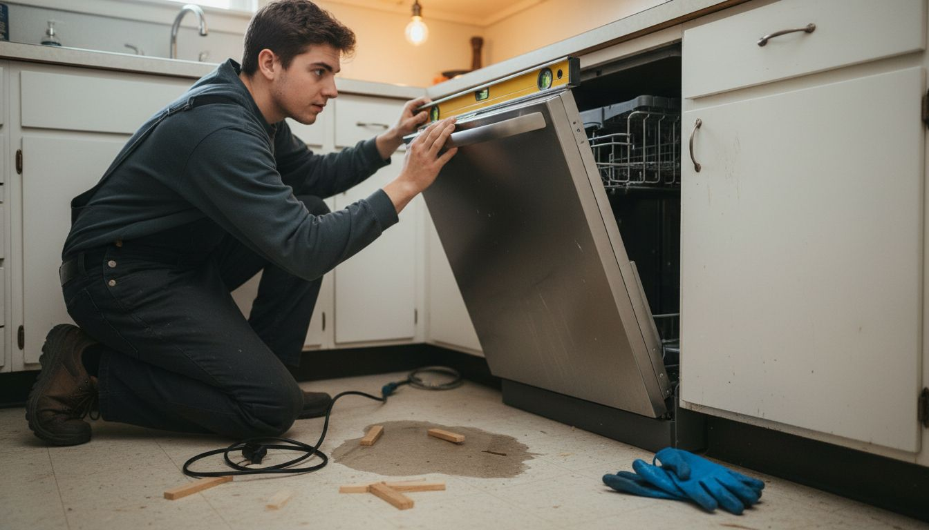 Person aligning dishwasher in kitchen cabinet
