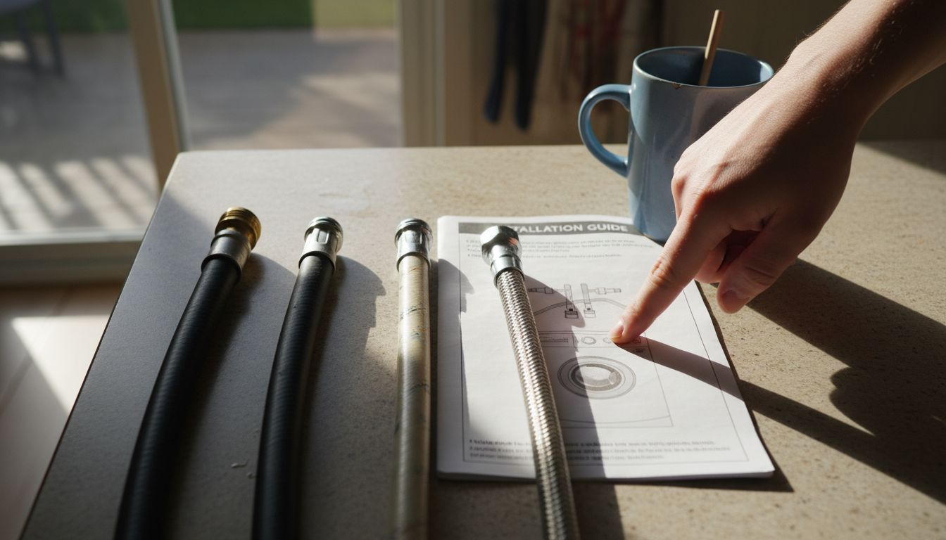 Three types of washer hoses on counter