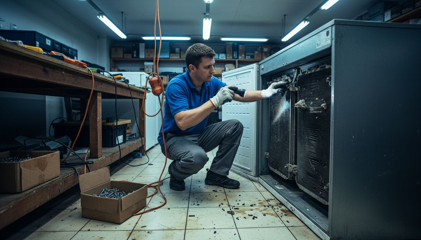 Technician inspecting dirty refrigerator coils