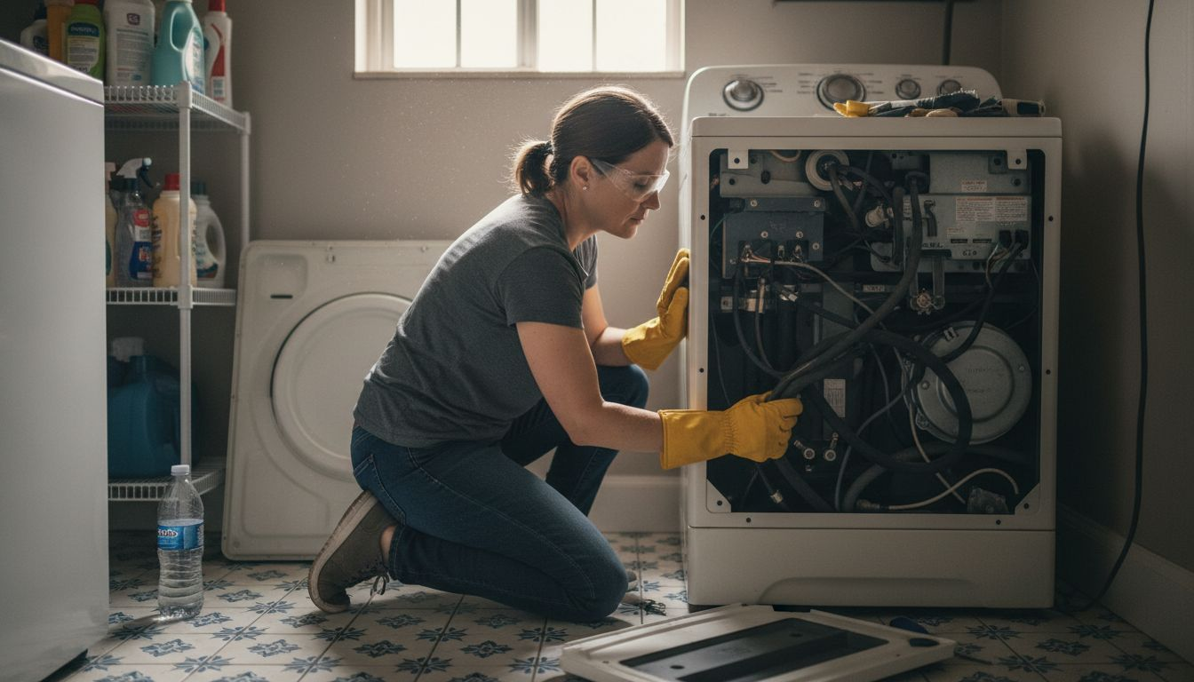 Woman inspecting washing machine with safety gear